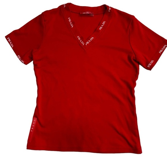Prada Tops - Prada Red Logo V-Neck Top
